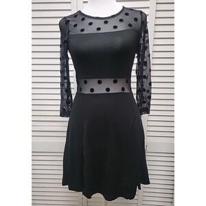 H&M Black Mesh Polka Dot Dress Cutout 3/4 Sleeves A Line Size XS Stretchy Soft